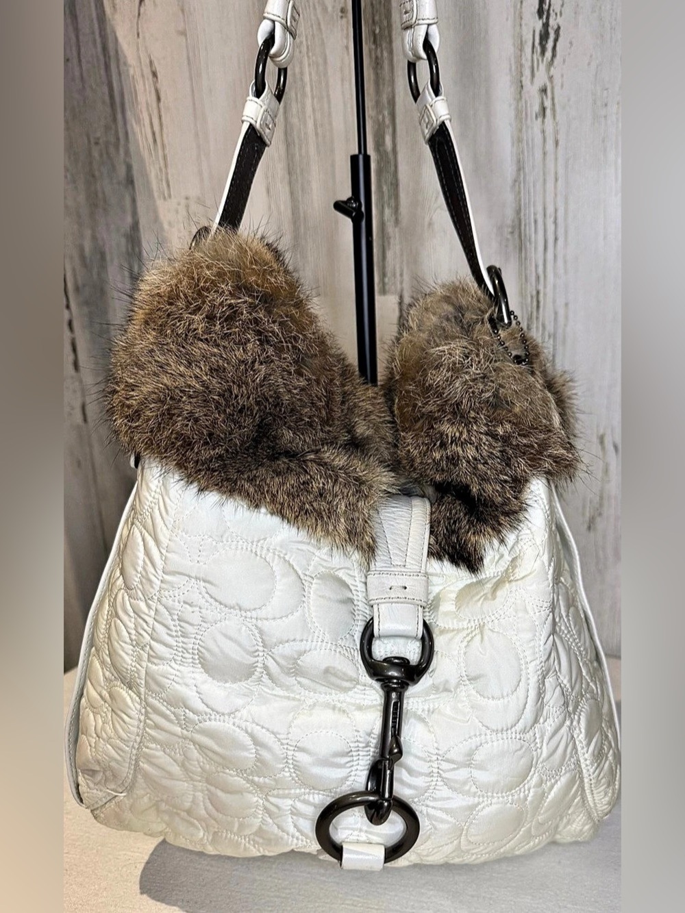 COACH Vintage Ski Bunny Quilted Nylon with Rabbit Fur Trim Hobo Bag 2005 6733